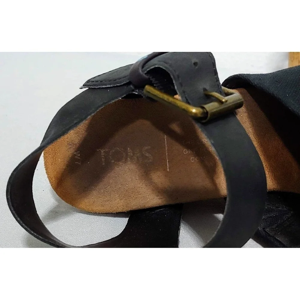 Toms Black Canvas and Cork Wedge Sandals with Ankle Strap